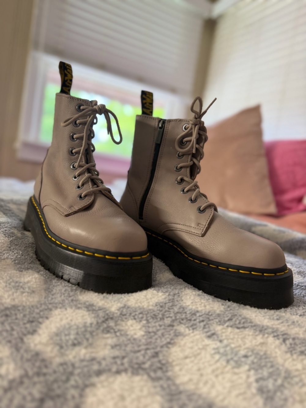 Dr. Martens Taupe Platform Lace-Up Boots with Yellow Stitching